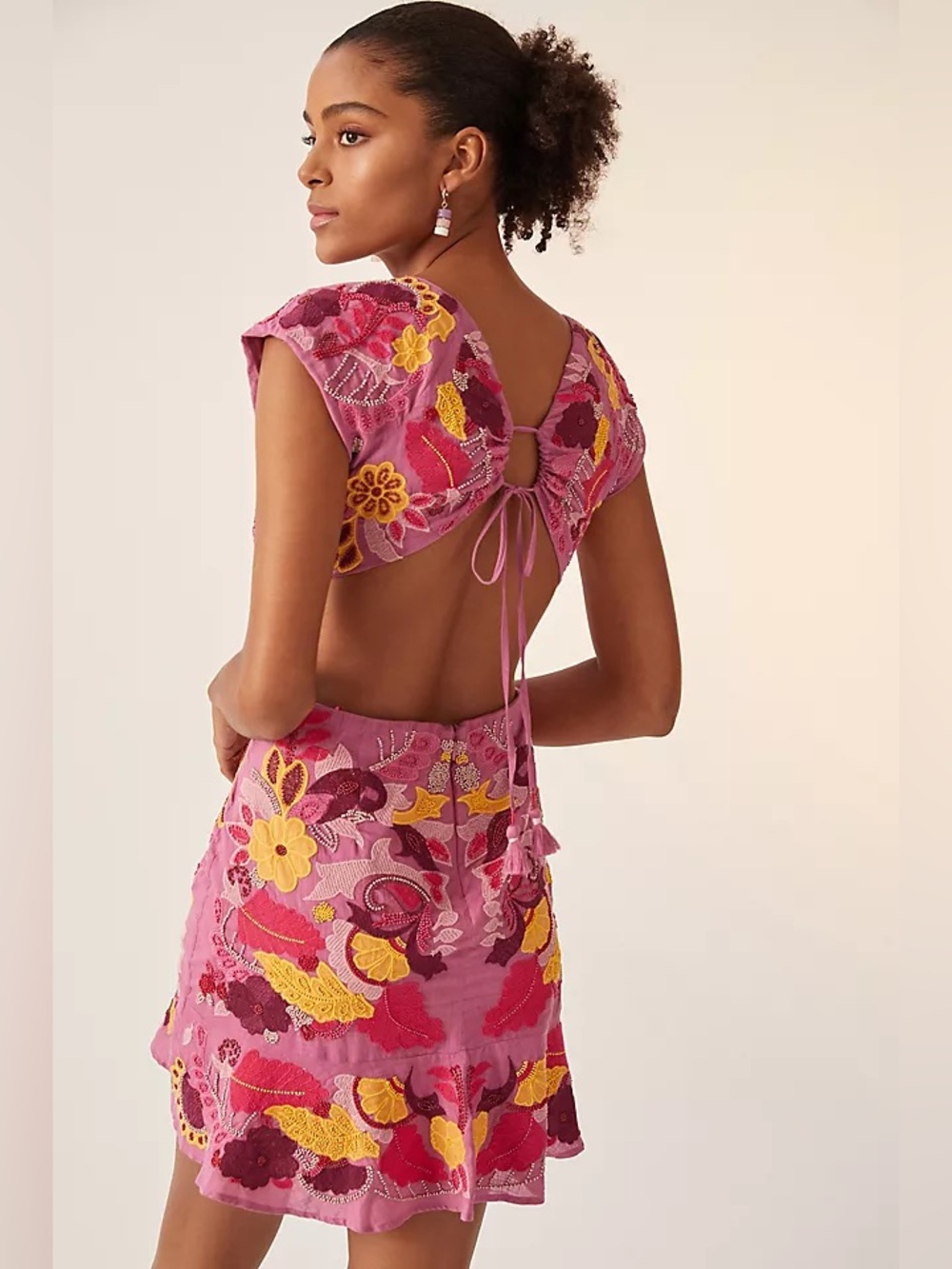 Anthropologie Maeve Pink Floral Embroidered Beaded Cutout Mini Dress Womens 10 - Picture 5 of 16